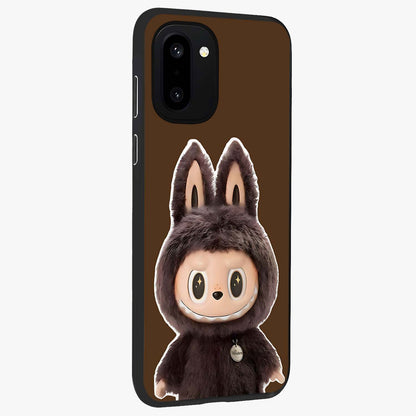Brown Labubu Design Glass Case for 1+15R side perspective highlighting charming character detailing and smooth edges