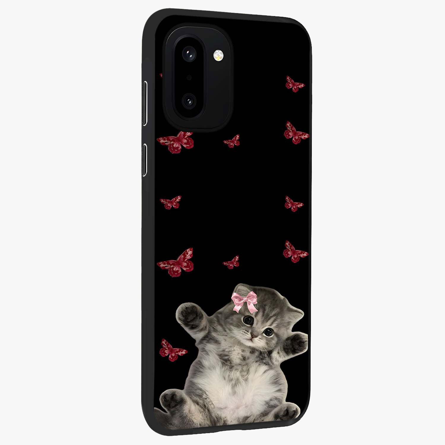 Butterfly Cat Bliss Glass Case for 1+15R side perspective highlighting delicate butterfly detailing and smooth edges