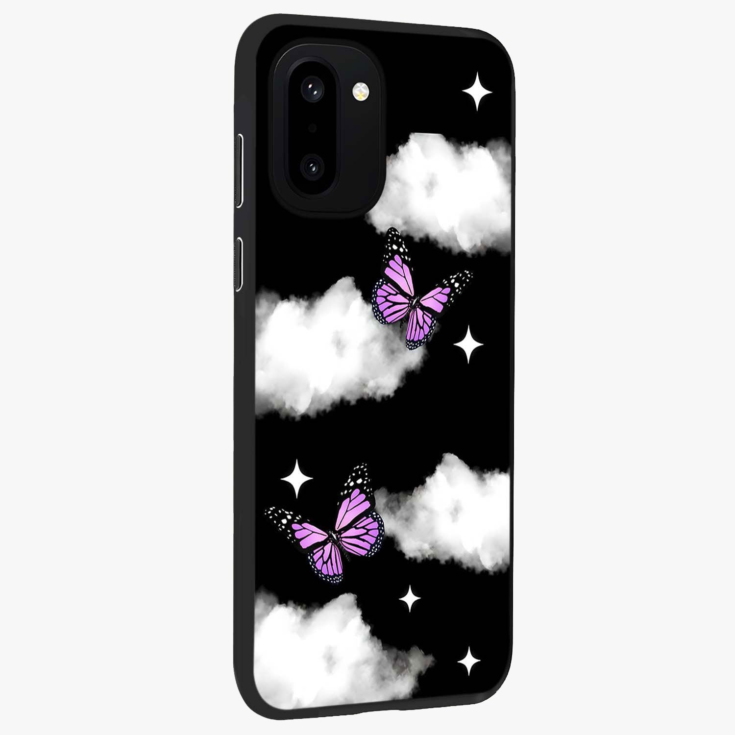 Butterfly Night Drift Glass Case for 1+15R side perspective highlighting glowing butterfly details and sleek edges