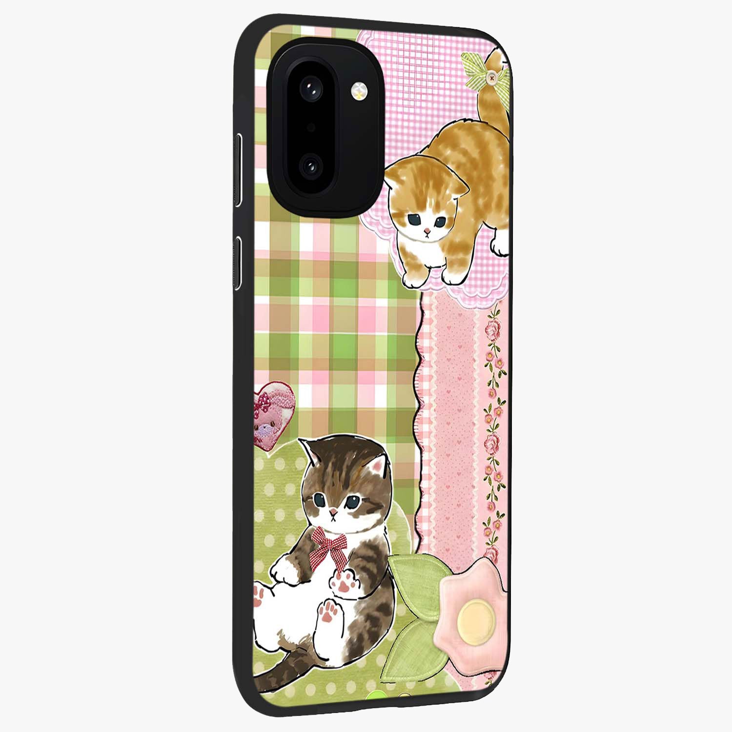Cats Sweet Button Glass Case for 1+15R side perspective highlighting playful details and sleek premium build