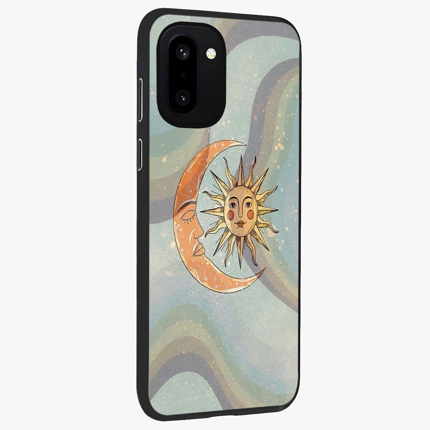 Celestial Harmony Vibes Glass Case for 1+15R side perspective highlighting harmonious detailing and sleek edges