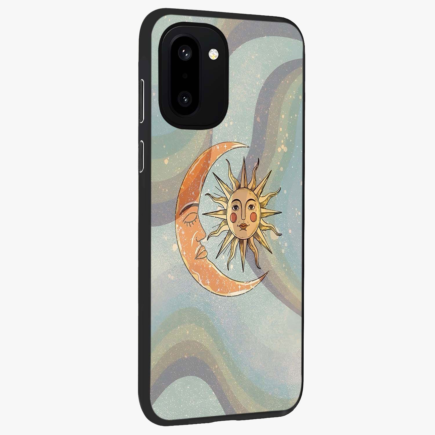 Celestial Harmony Vibes Glass Case for 1+15R side perspective highlighting harmonious detailing and sleek edges