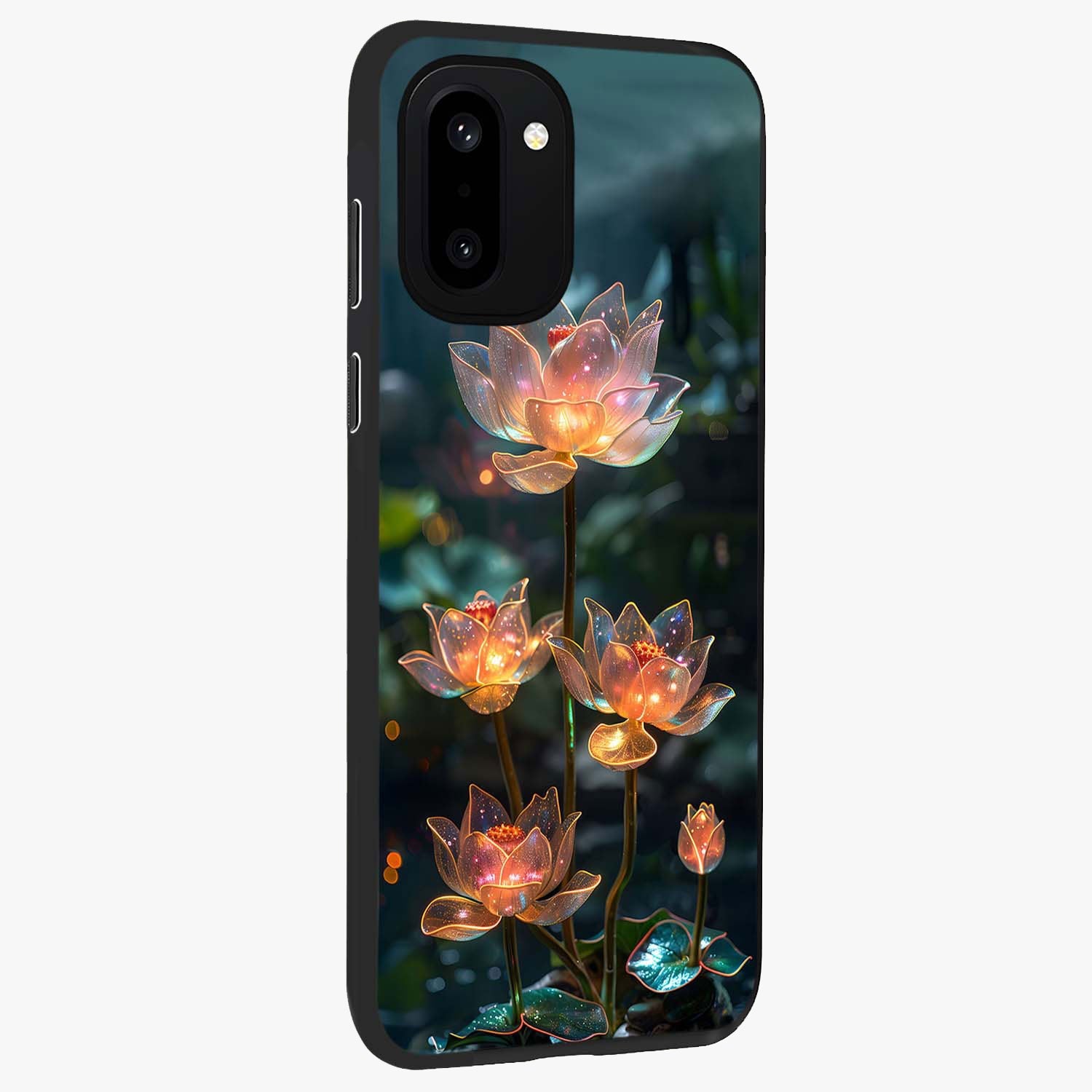 Celestial Lotus Light Glass Case for 1+15R side perspective highlighting delicate lotus detailing and premium finish