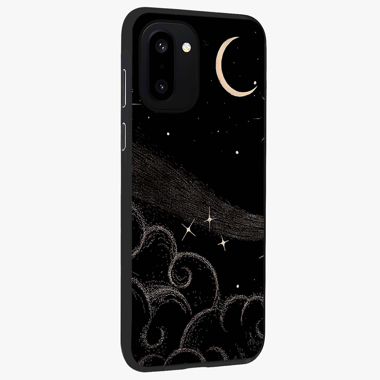 Celestial Midnight Veil Glass Case for 1+15R side perspective highlighting rich night tones and sleek premium edges