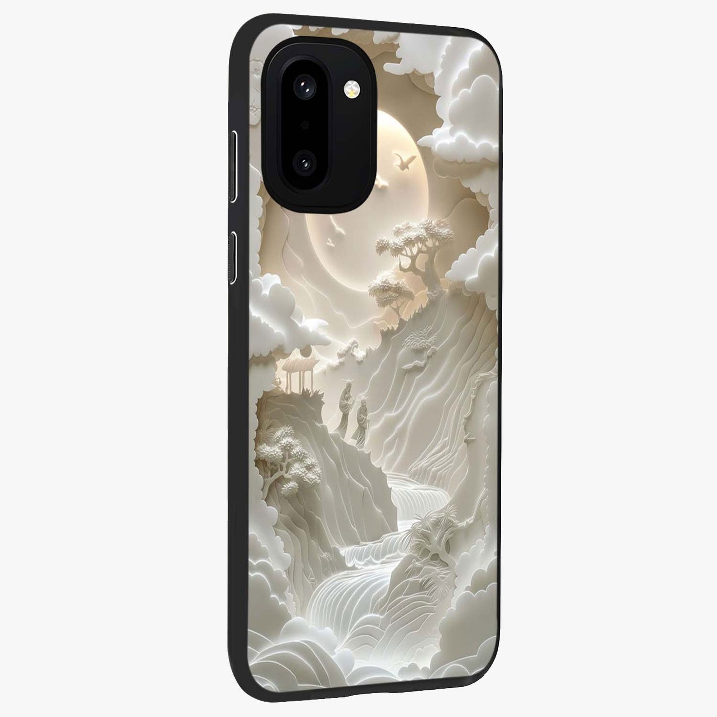 Celestial Origami Glass Case for 1+15R side perspective highlighting sharp detailing and smooth premium build