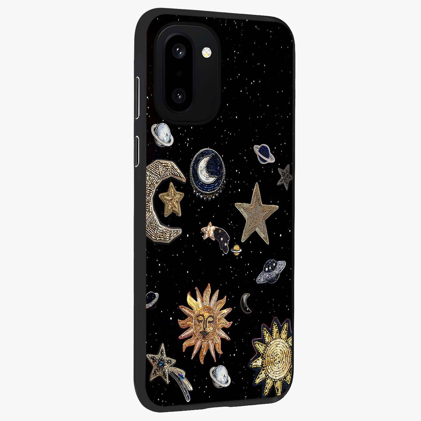 Celestial Star Charm Glass Case for 1+15R side perspective highlighting glowing star detailing and premium build