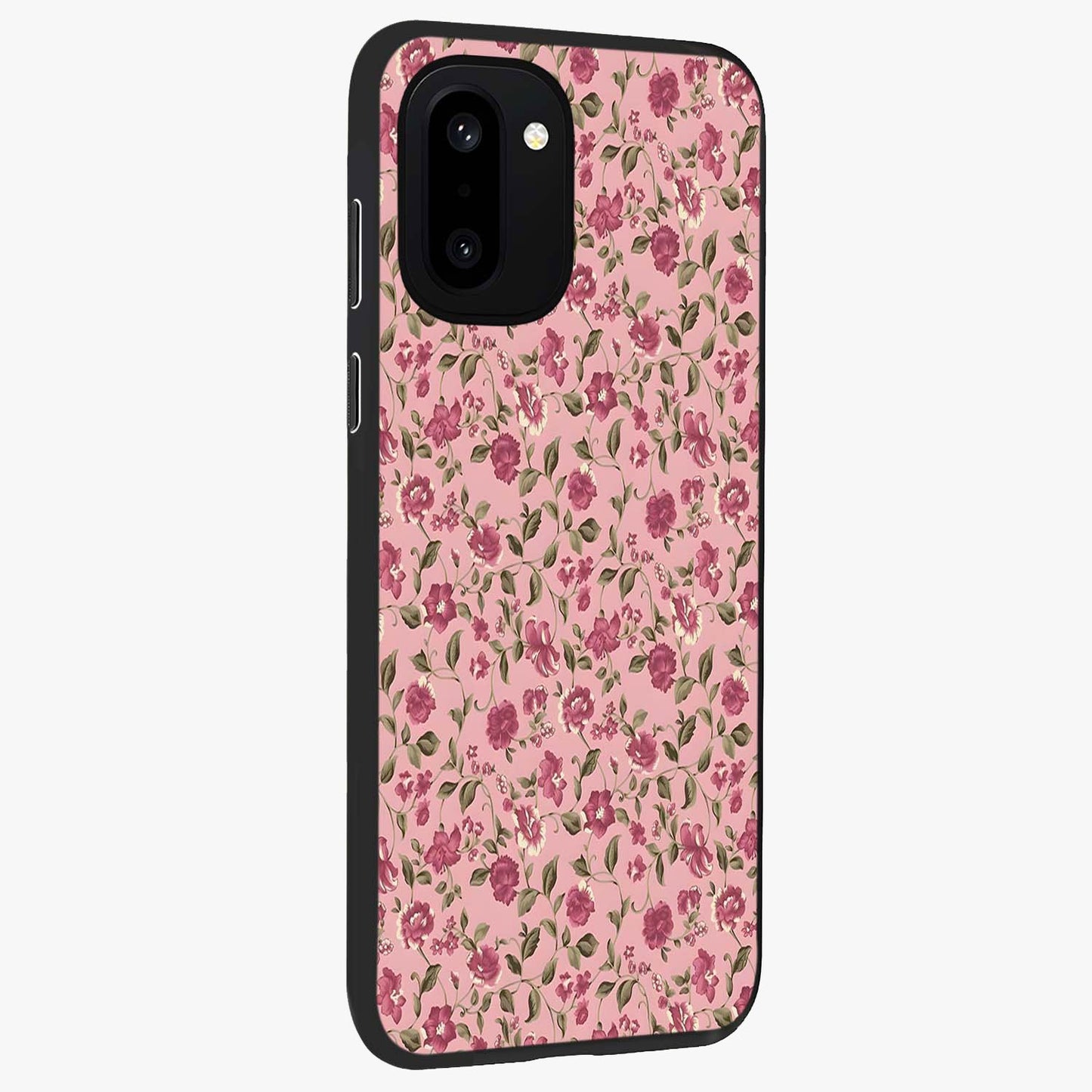 Charming Pink Floral Glass Case for 1+15R side perspective highlighting subtle floral textures and smooth edges