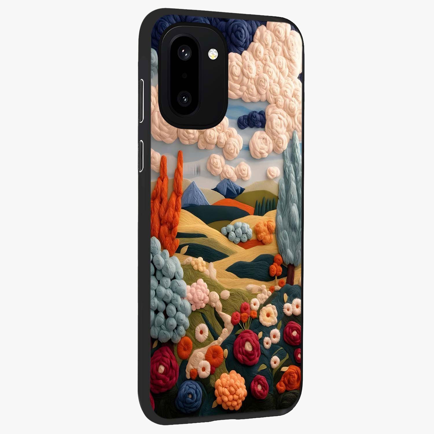 Cloud Cotton Meadows Printed Glass Case for 1+15R side perspective highlighting smooth edges and delicate meadow detailing