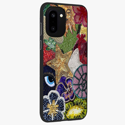 Cosmic Charm Shine Glass Case for 1+15R side perspective highlighting luminous detailing and sleek edge design