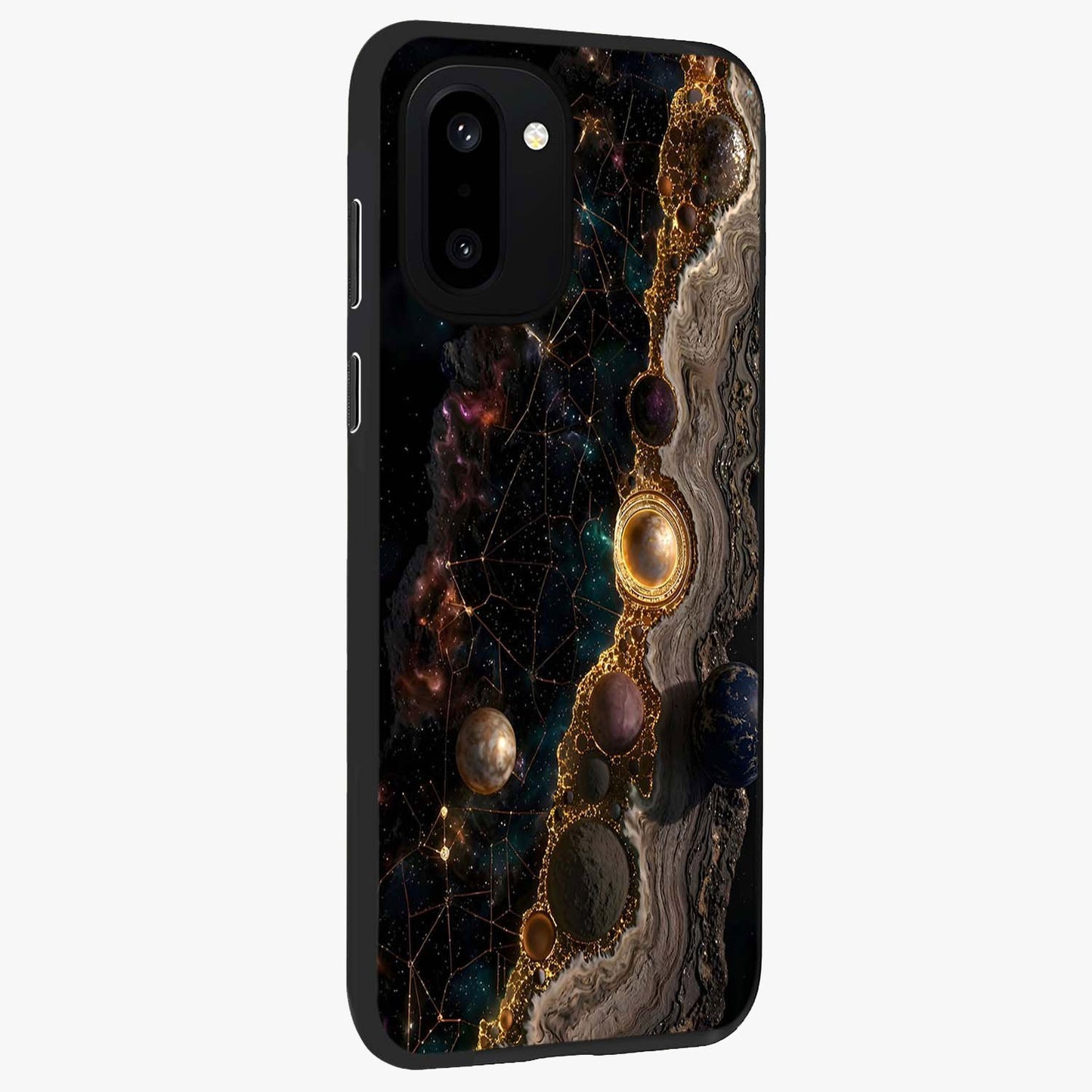 Cosmic Gold Path Glass Case for 1+15R side perspective highlighting premium metallic detailing and sleek edges