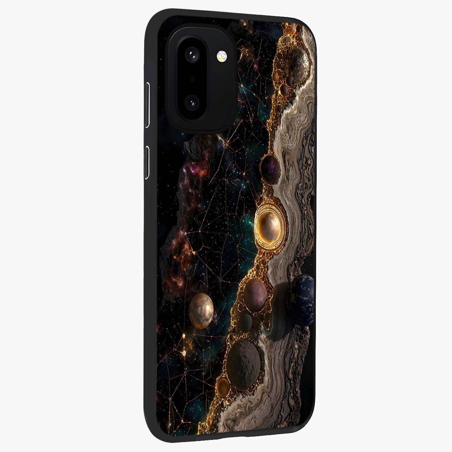 Cosmic Gold Path Glass Case for 1+15R side perspective highlighting premium metallic detailing and sleek edges
