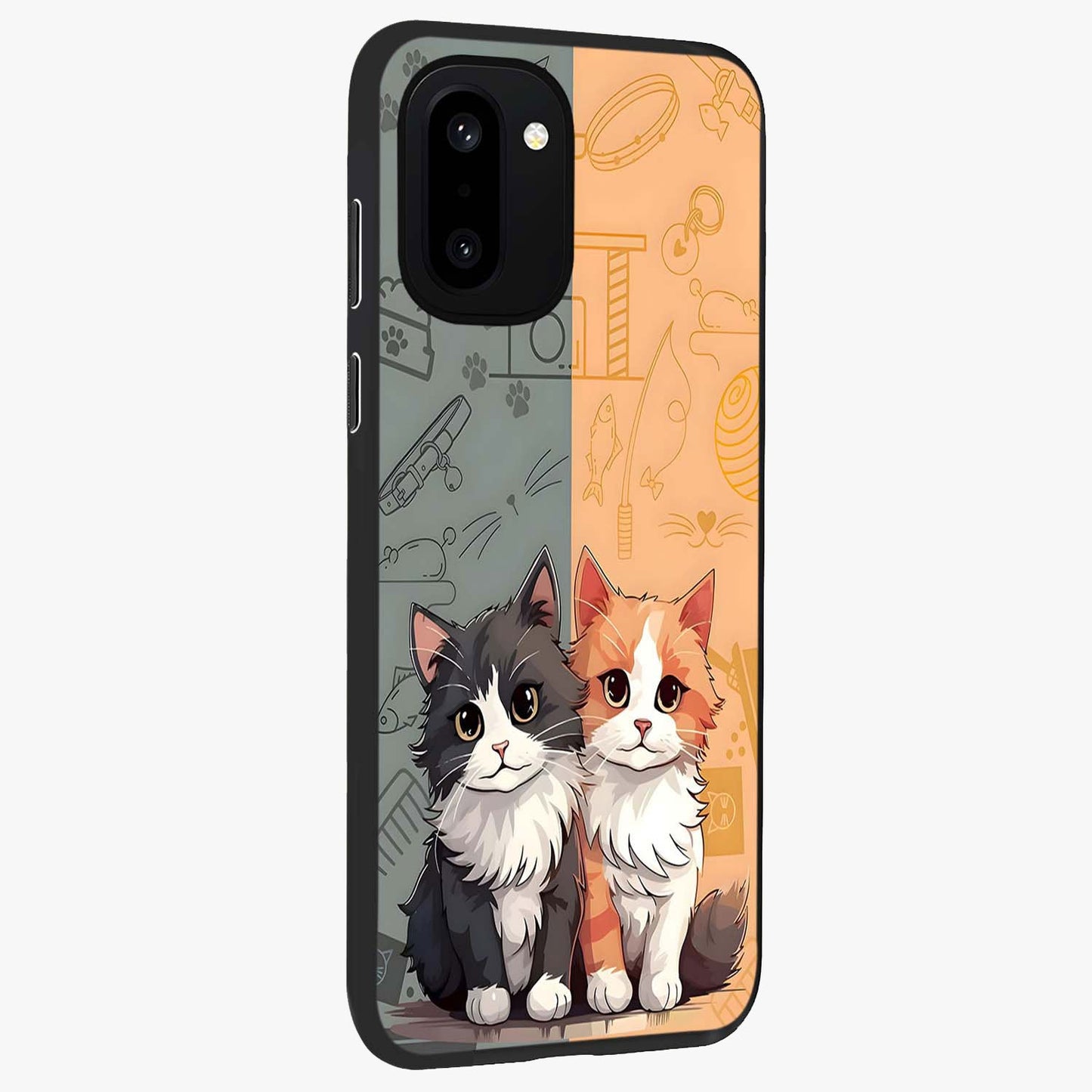 Cozy Cat Duo Glass Case for 1+15R side perspective highlighting playful cat detailing and sleek edges