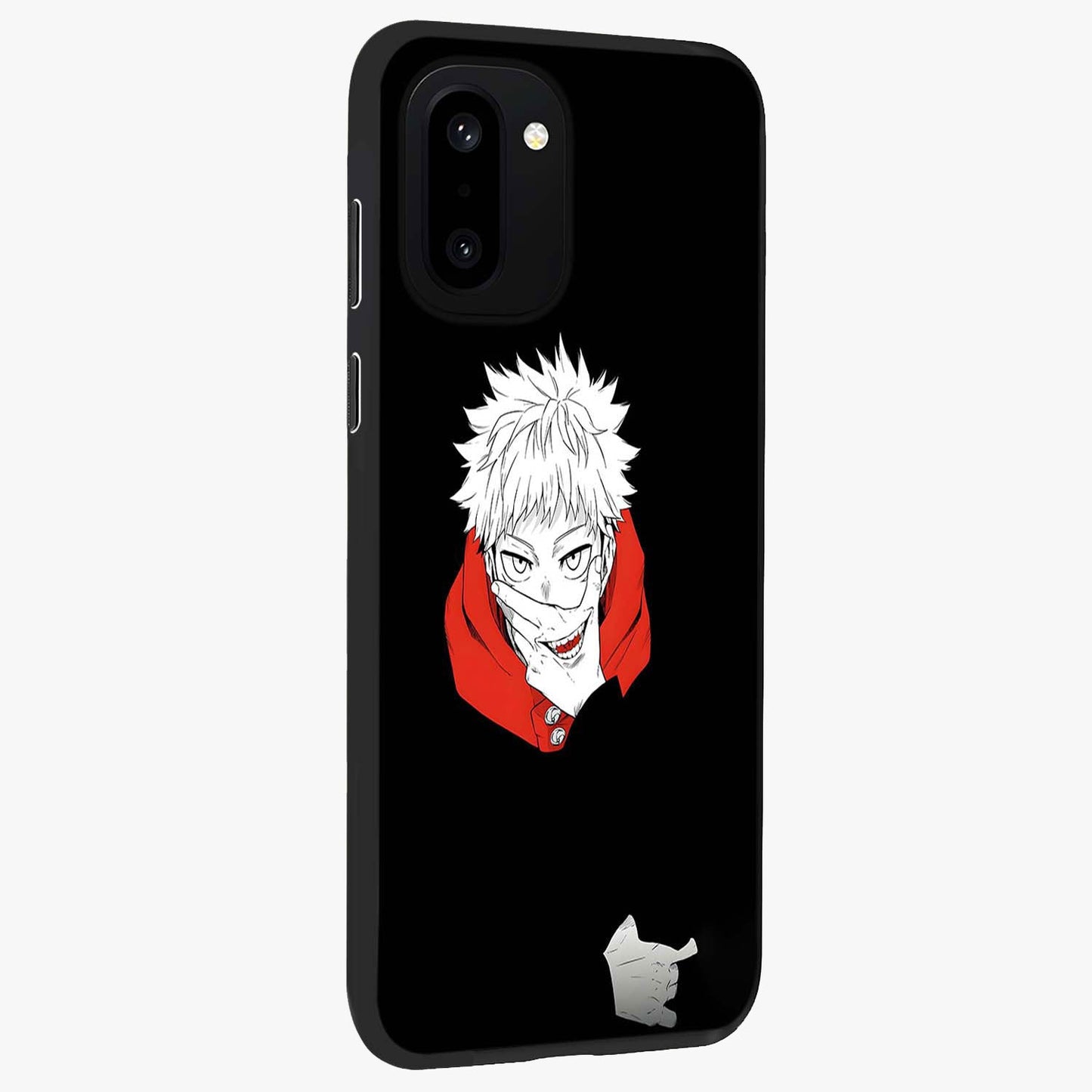 Crimson Chaos Smile Glass Case for 1+15R side perspective highlighting intense color contrast and sleek edges