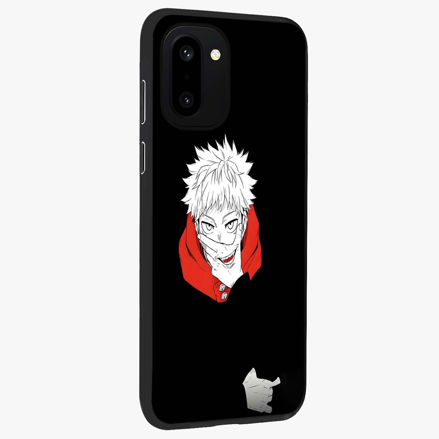 Crimson Chaos Smile Glass Case for 1+15R side perspective highlighting intense color contrast and sleek edges