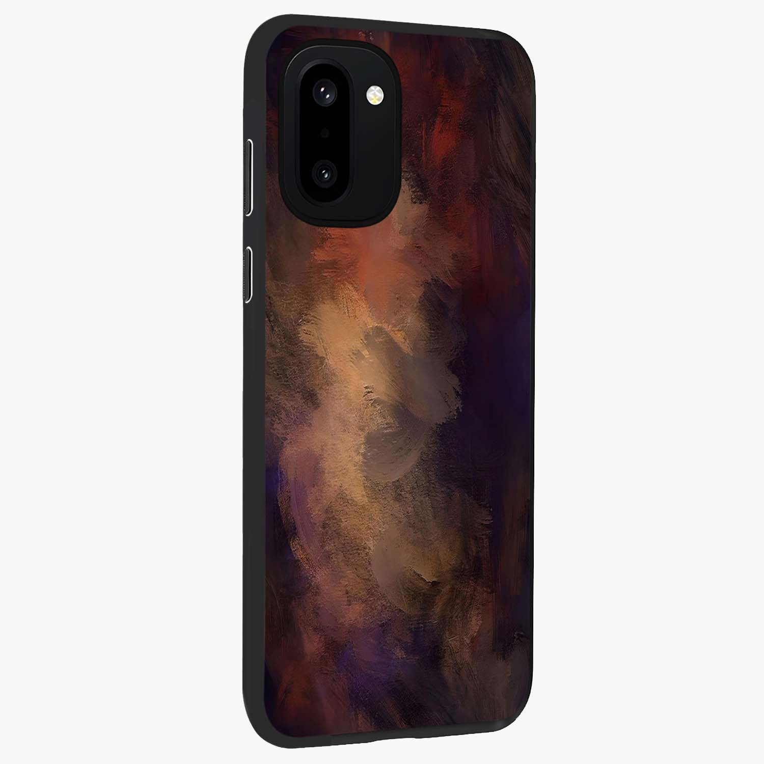 Crimson Dusk Whirl Glass Case for 1+15R side perspective highlighting fluid red textures and sleek build