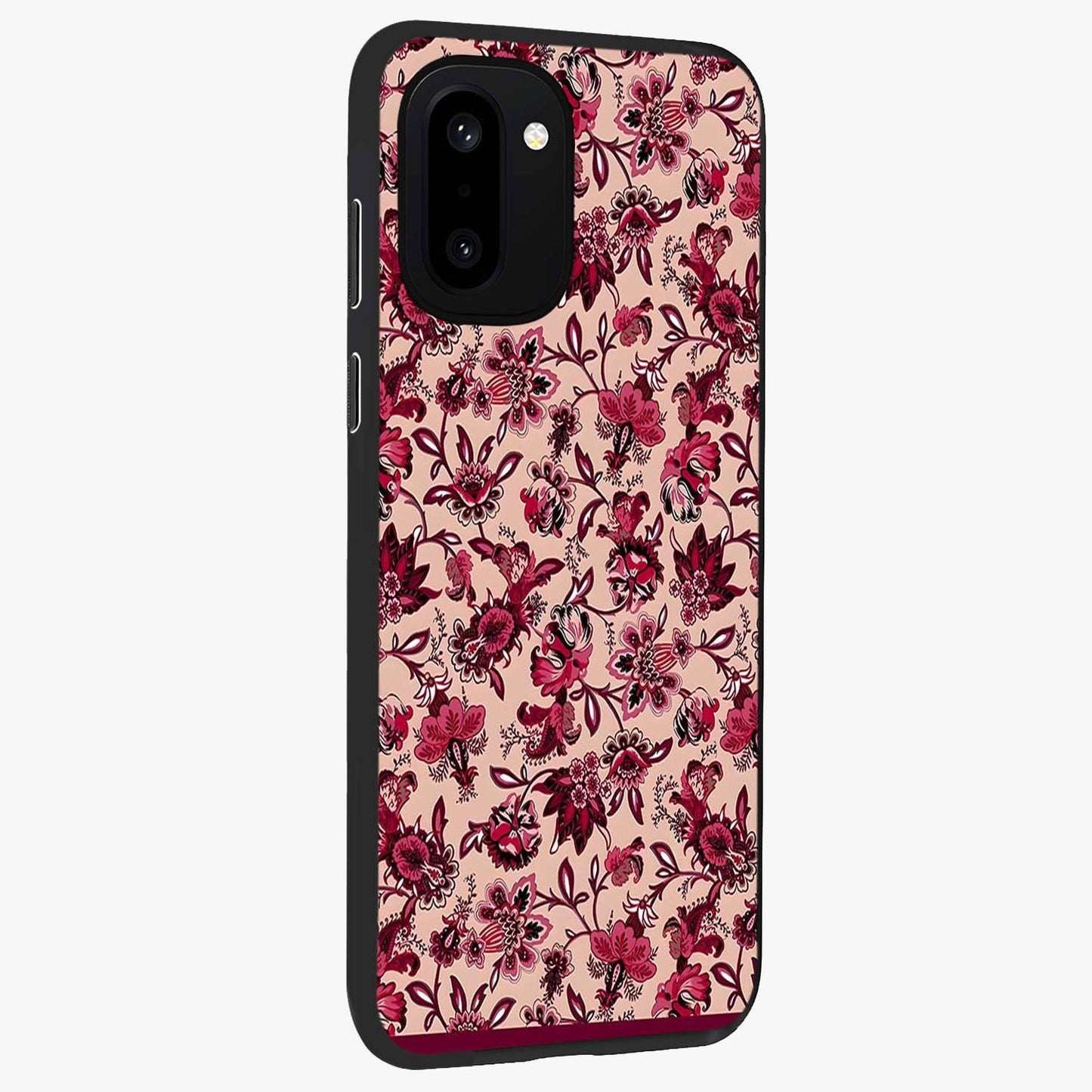 Crimson Rose Charm Glass Case for 1+15R side perspective highlighting delicate rose textures and smooth edges