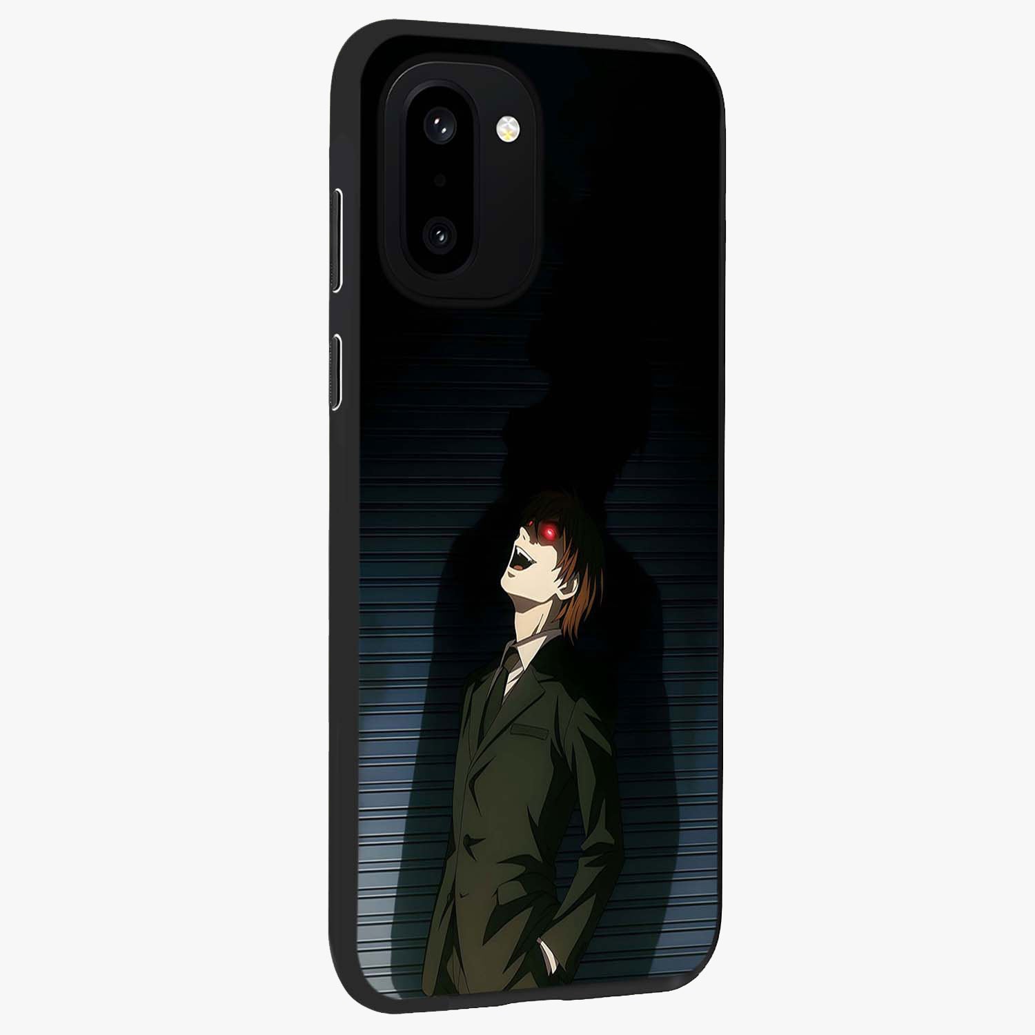 Crimson Shadow King Glass Case for 1+15R side perspective highlighting dramatic contrast and premium finish