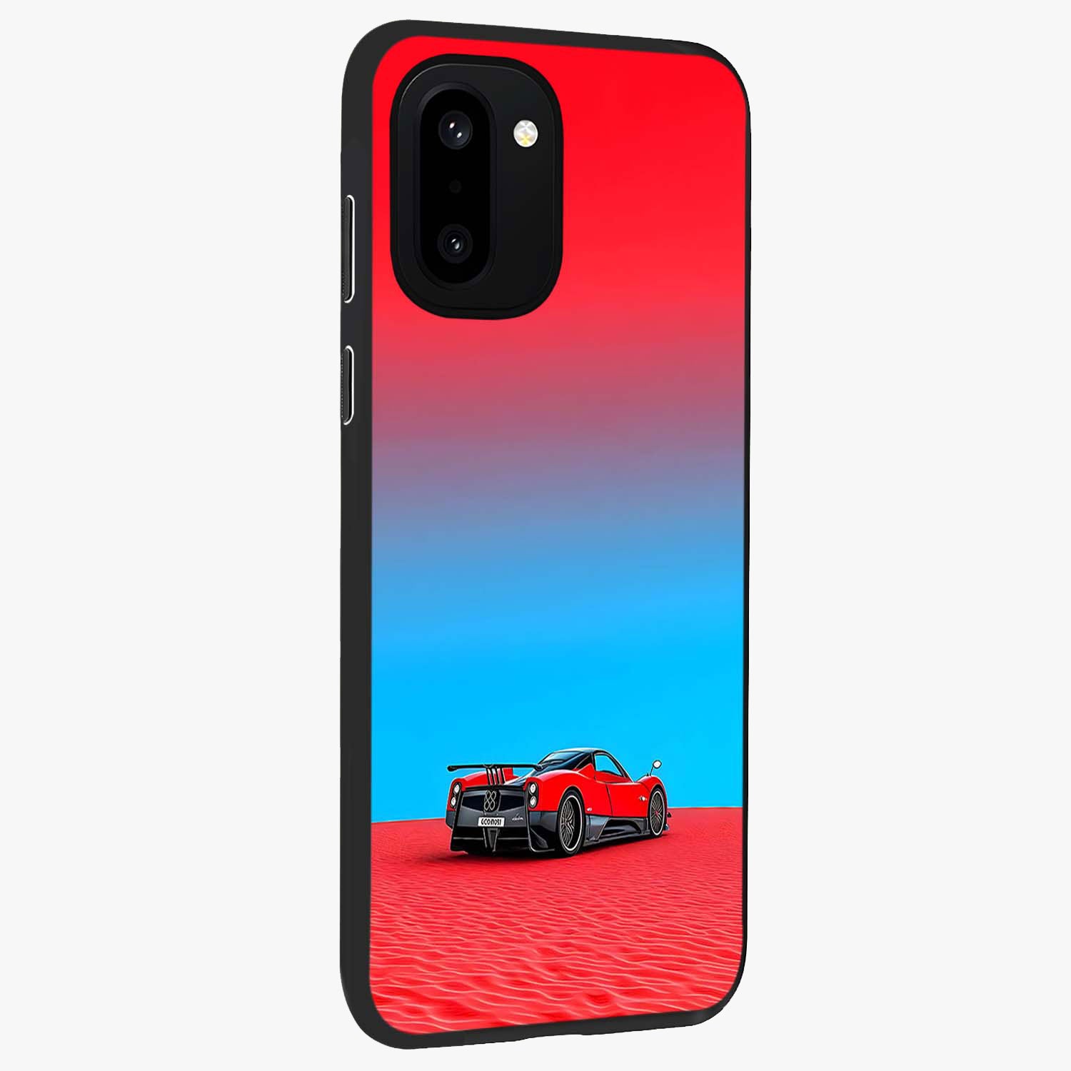 Crimson Speed Mirage Glass Case for 1+15R side perspective highlighting smooth aerodynamic design and premium edges