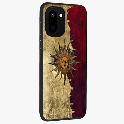 Crimson Sun Majesty Glass Case for 1+15R side perspective highlighting vibrant sun detailing and smooth edges