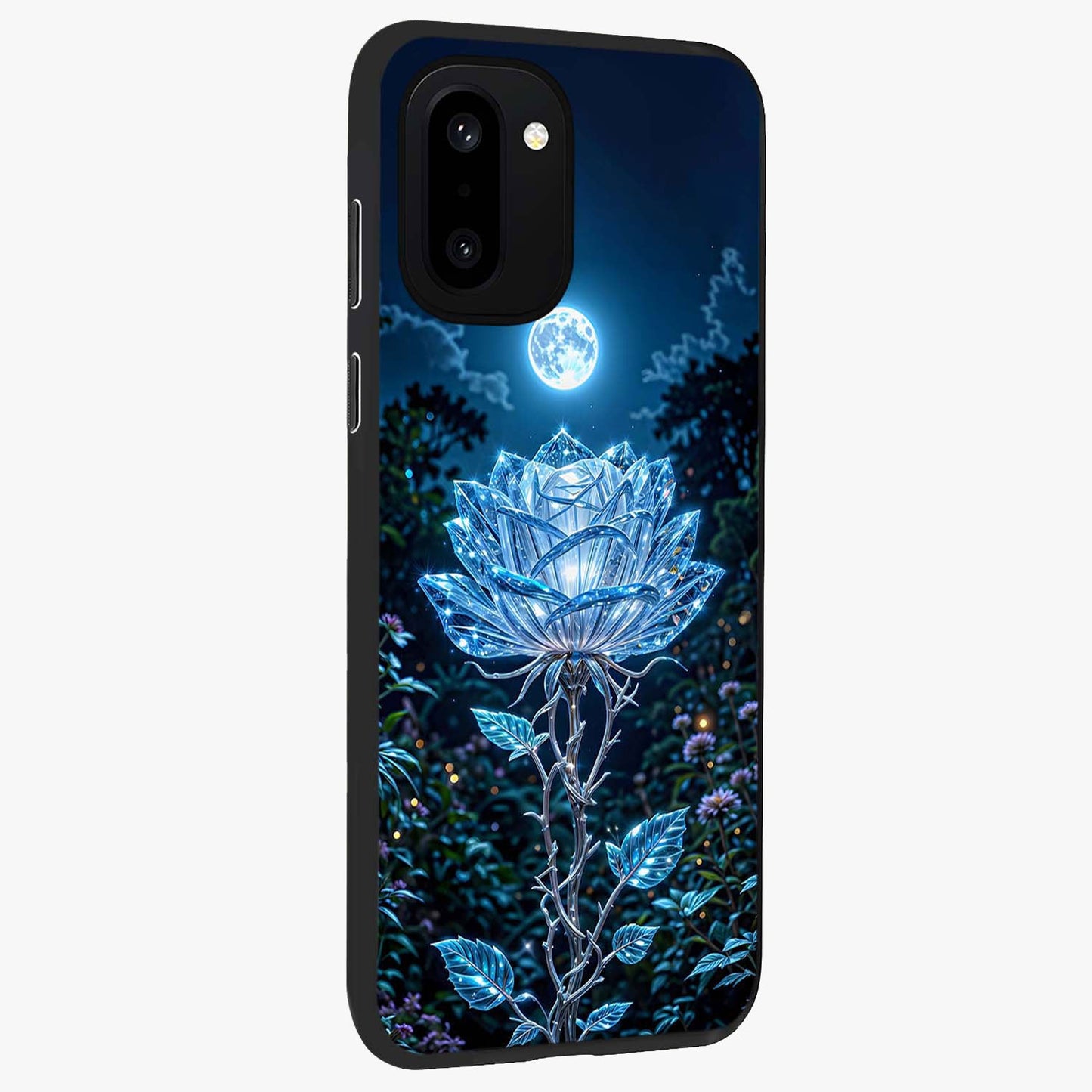 Crystal Moon Lotus Glass Case for 1+15R side perspective highlighting soft celestial tones and premium edge finish