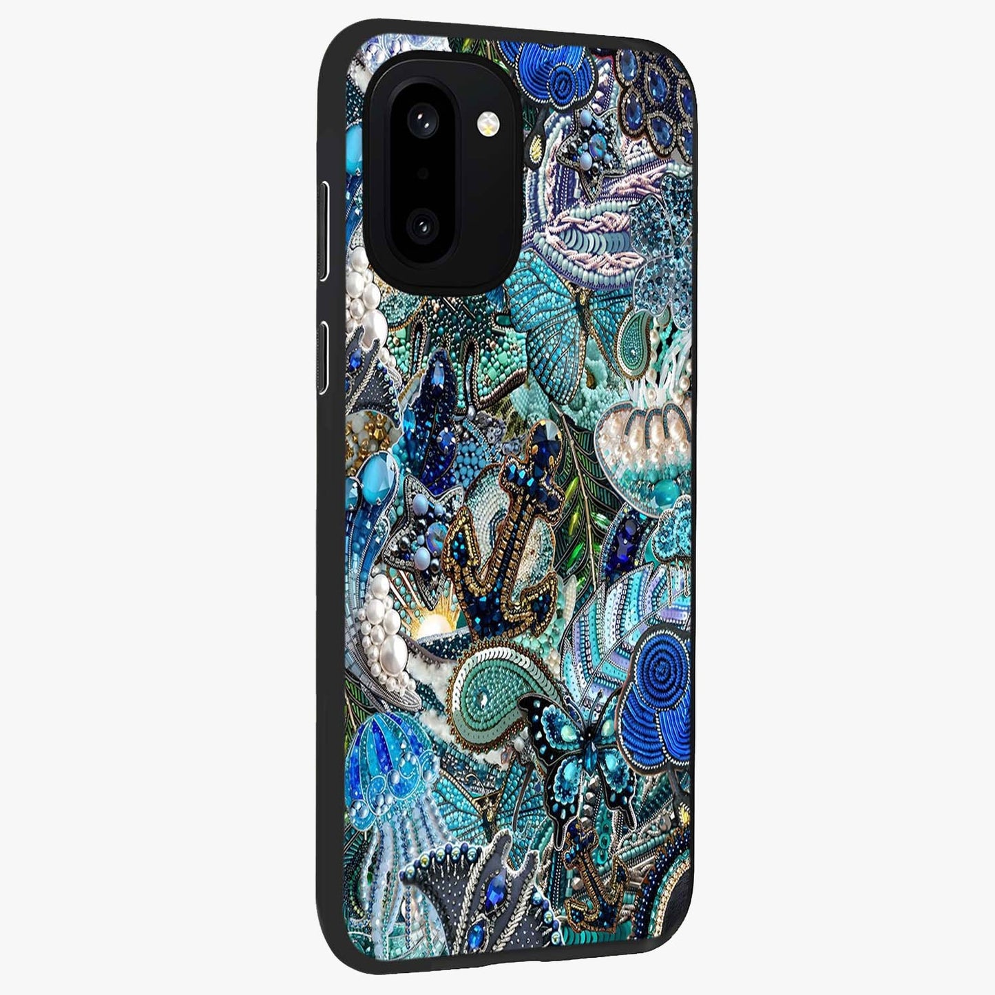 Crystal Ocean Magic Glass Case for 1+15R side perspective highlighting wave textures and smooth premium build