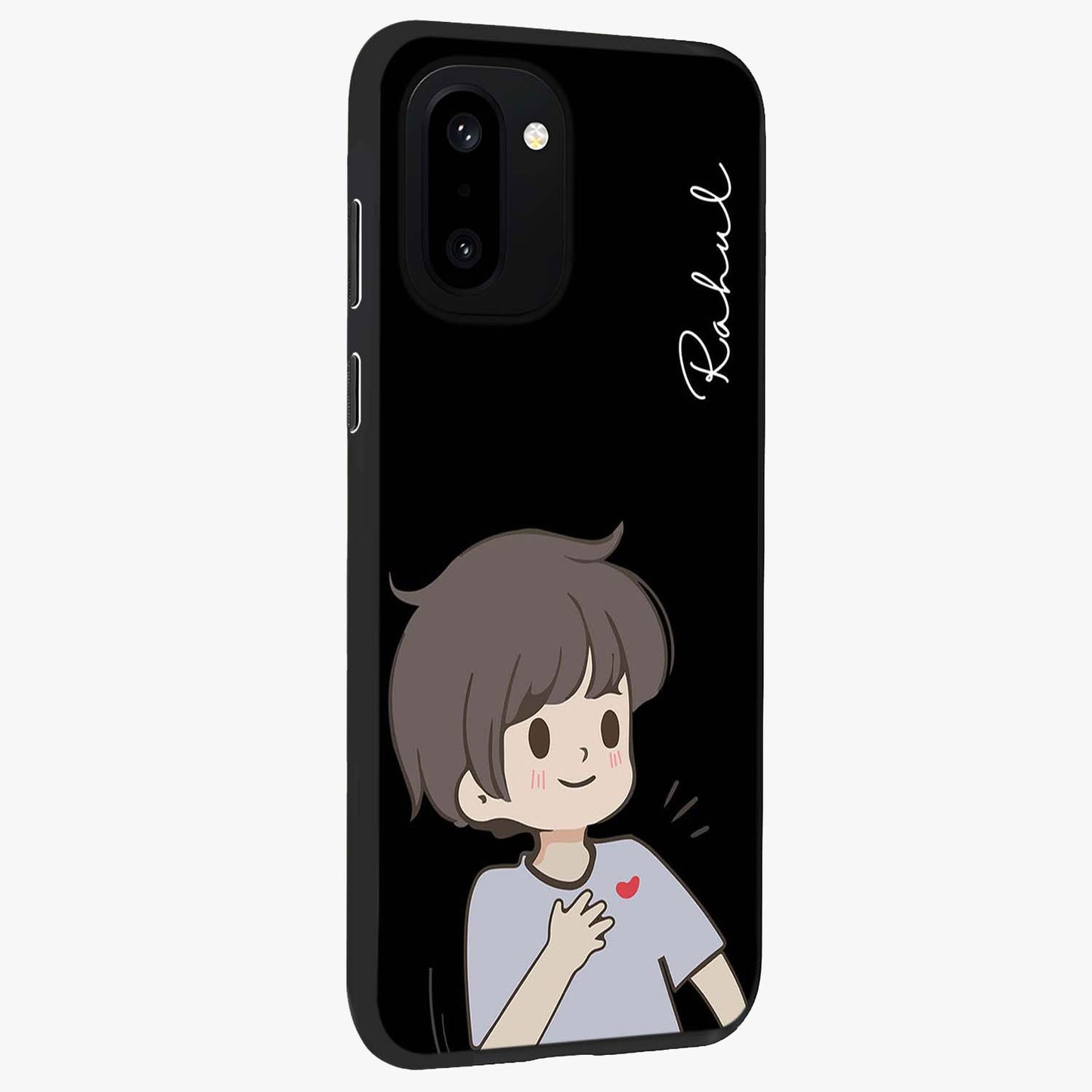 Cute Boy Heart Reaction Glass Case for 1+15R side perspective highlighting expressive illustration details and premium edges