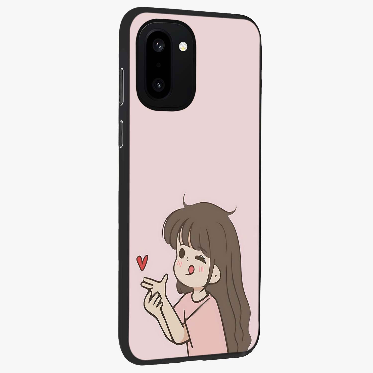 Cute Kiss Heart Glass Case for 1+15R side perspective highlighting delicate heart detailing and premium edge finish