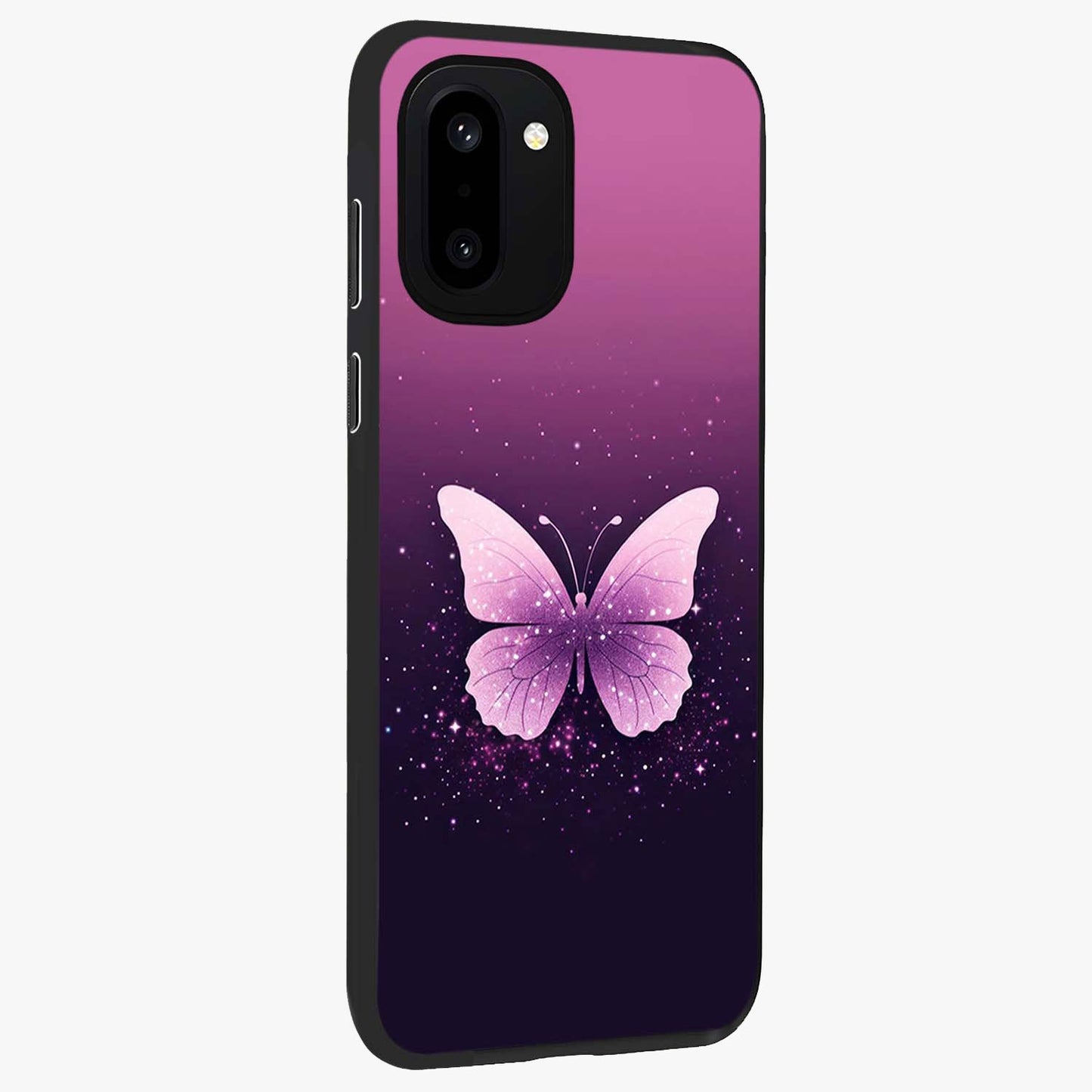 Cute Starry Butterfly Glass Case for 1+15R side perspective highlighting glowing star details and sleek edge finish