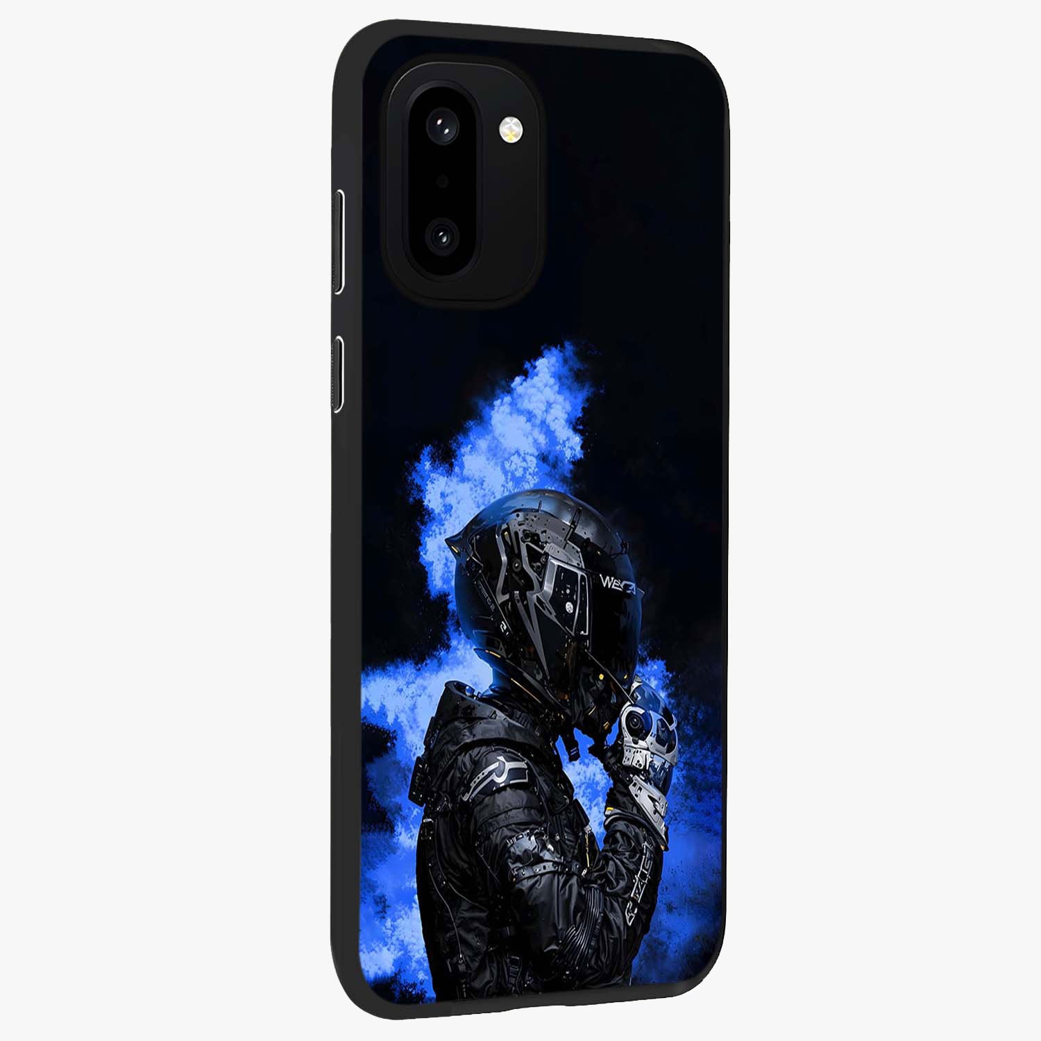 Cyber Sentinel Protocol Glass Case for 1+15R side perspective highlighting sharp digital textures and premium build