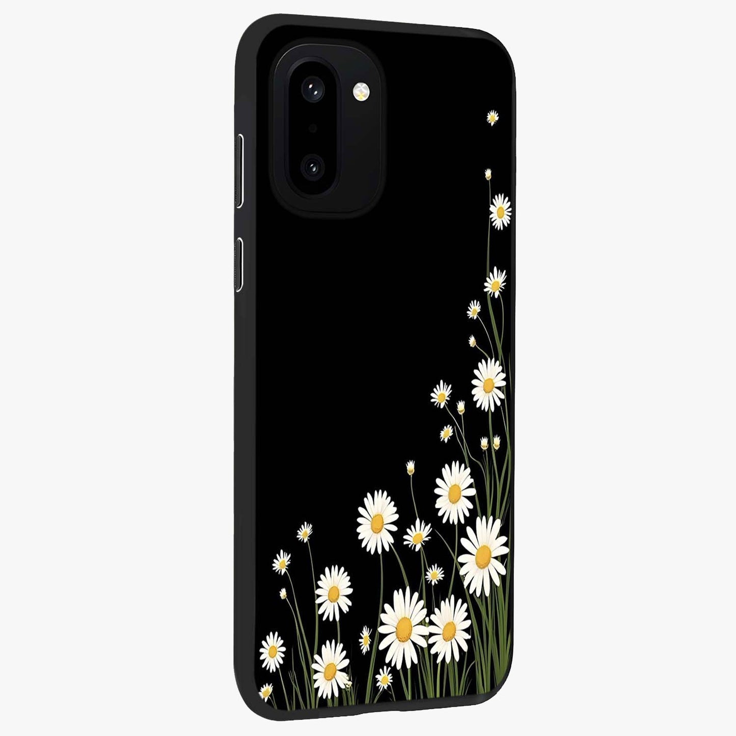 Daisy Cascade on Black Glass Case for 1+15R side perspective highlighting delicate daisy detailing and smooth edges