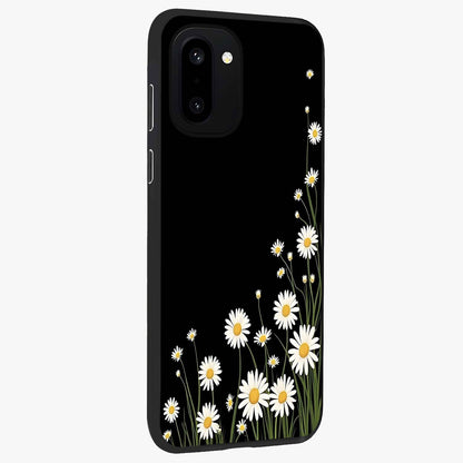 Daisy Cascade on Black Glass Case for 1+15R side perspective highlighting delicate daisy detailing and smooth edges