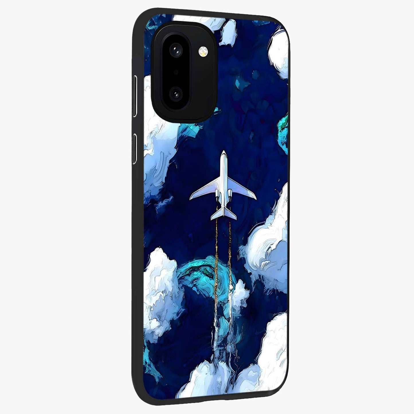 Dark Airplane Glass Case for 1+15R side perspective highlighting sleek aviation detailing and premium build