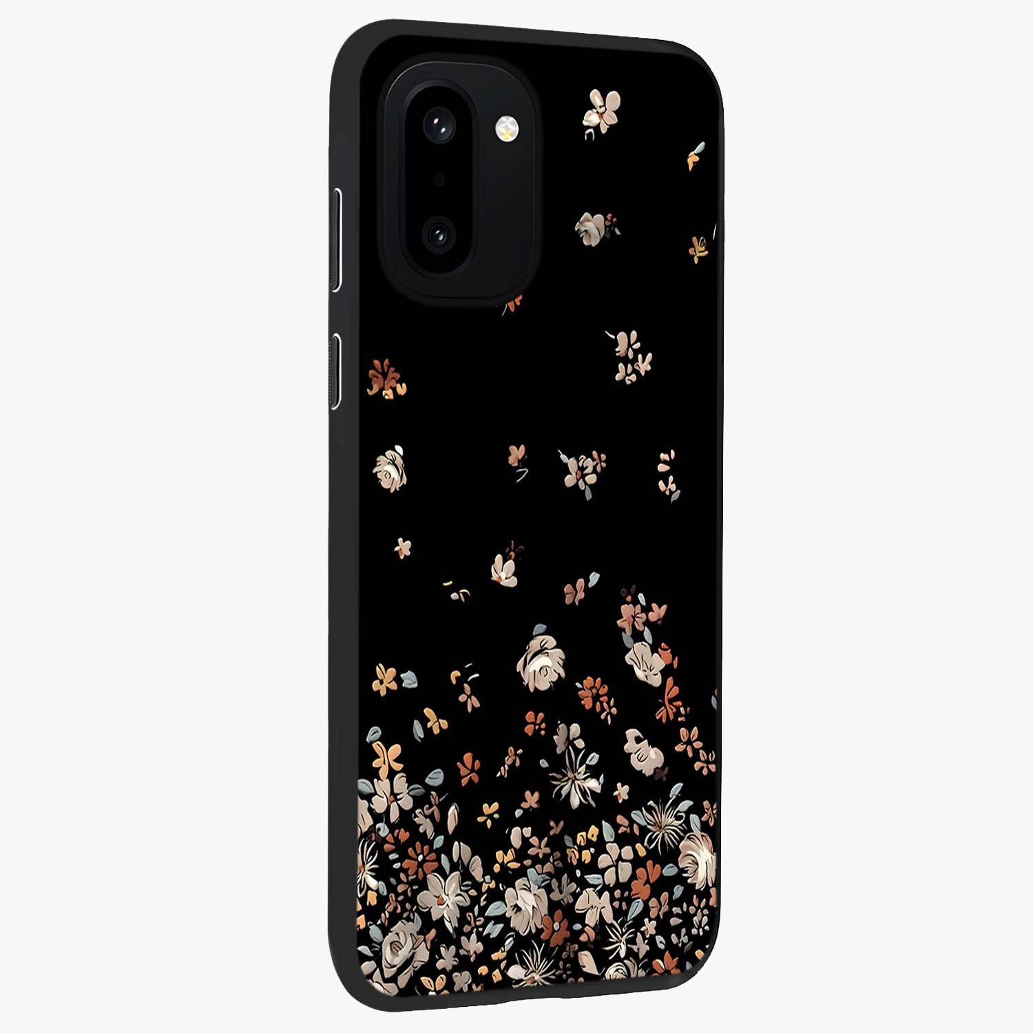 Dark Petal Aesthetic Glass Case for 1+15R side perspective highlighting refined textures and premium edge finish