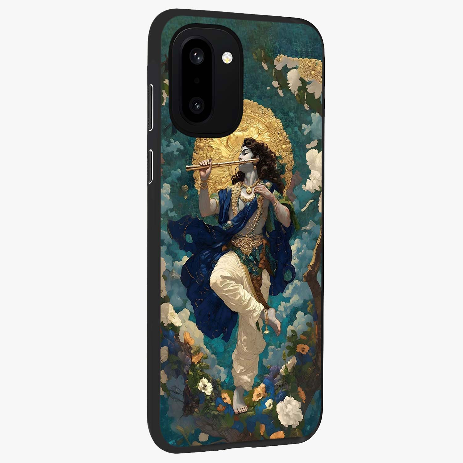 Divine Krishna Art Glass Case for 1+15R side perspective highlighting intricate divine illustration and premium edges