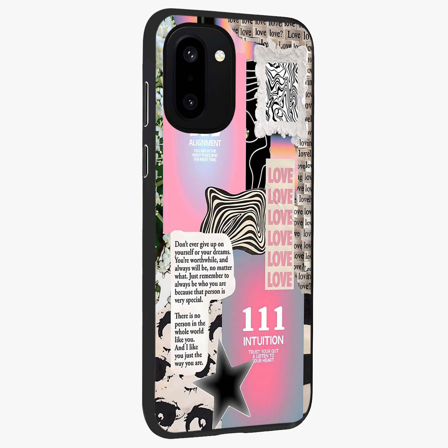 Divine Love Vibes Glass Case for 1+15R side perspective highlighting elegant detailing and smooth build