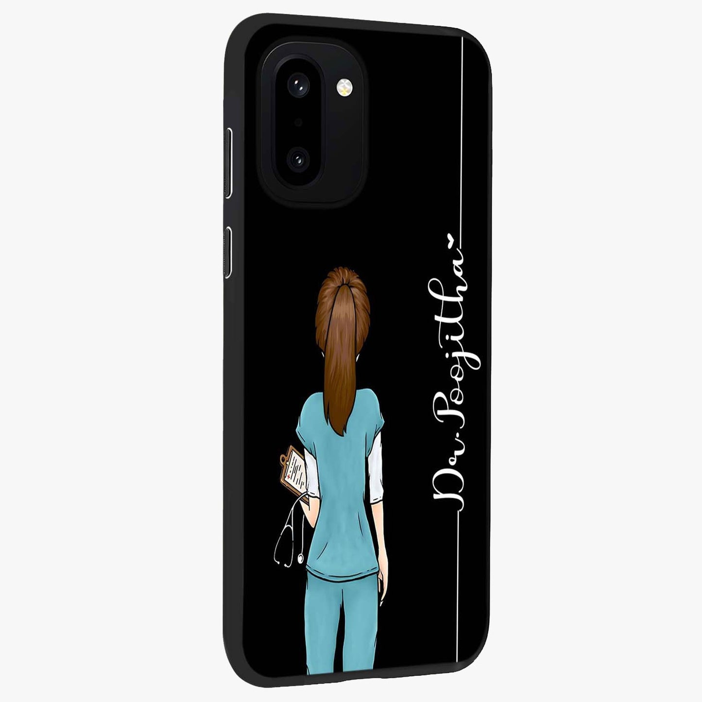 Doctor Pattern Custom Name Glass Case for 1+15R side perspective highlighting custom typography and smooth premium edges