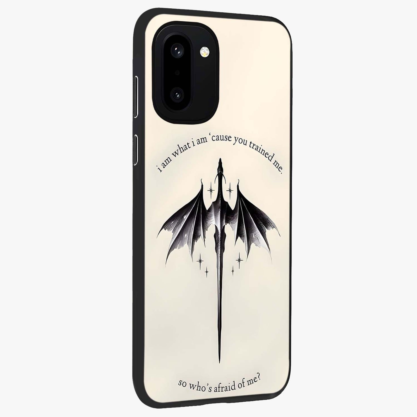Dragon Quote Art Glass Case for 1+15R side perspective highlighting intricate dragon textures and sleek build