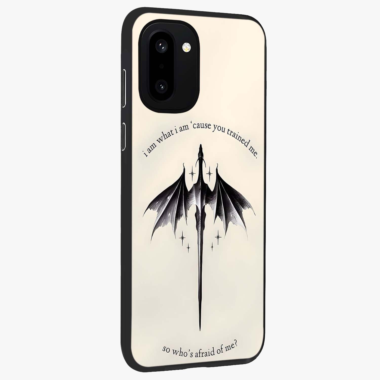Dragon Quote Art Glass Case for 1+15R side perspective highlighting intricate dragon textures and sleek build