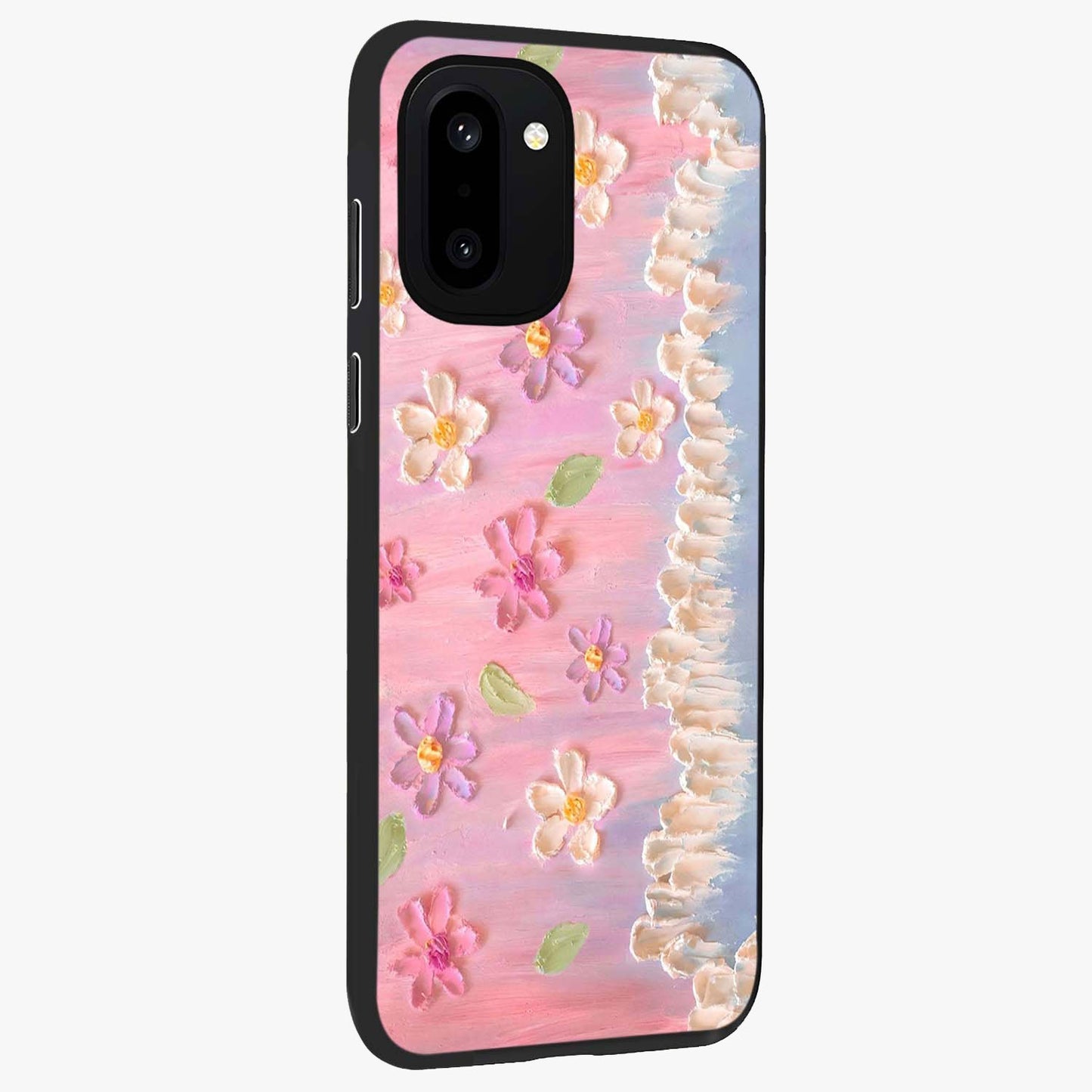 Dreamy Painted Garden Glass Case for 1+15R side perspective highlighting colorful bloom details and premium edges