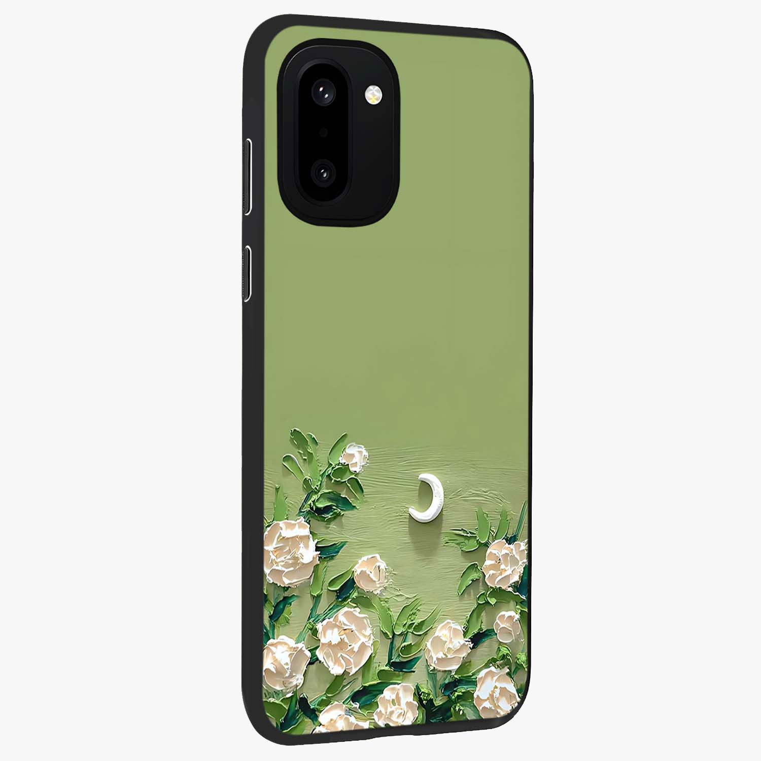 Emerald Bloom Calm Glass Case for 1+15R side perspective highlighting delicate bloom detailing and smooth edges