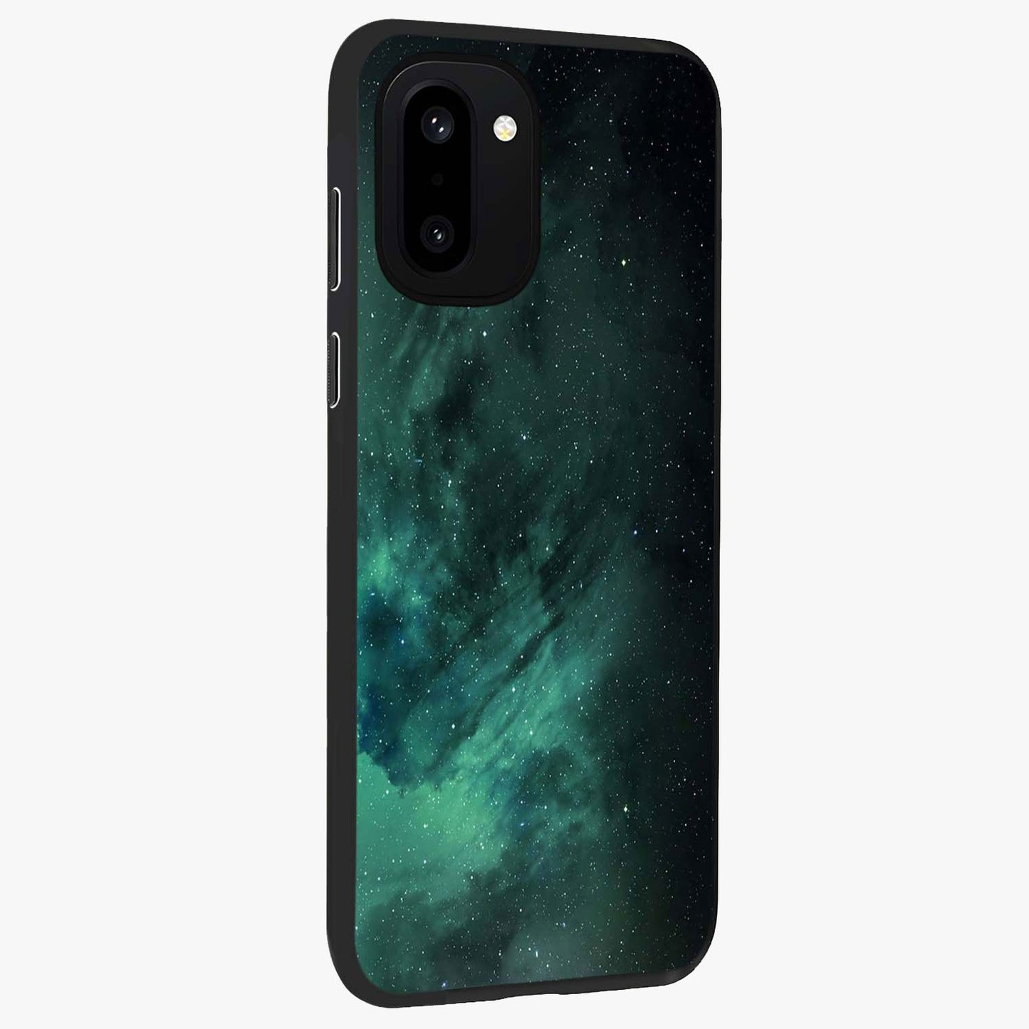 Emerald Green Space Glass Case for 1+15R side perspective highlighting luminous detailing and premium edge finish