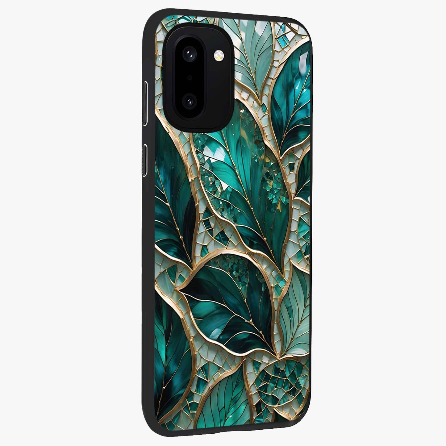 Emerald Leaf Glass Case for 1+15R side perspective highlighting refined leaf textures and sleek build