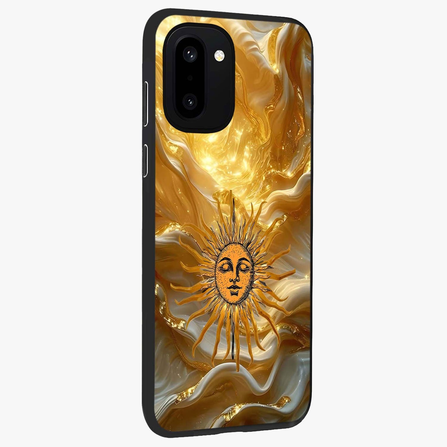 Eternal Golden Glow Glass Case for 1+15R side perspective highlighting rich glow detailing and premium edges