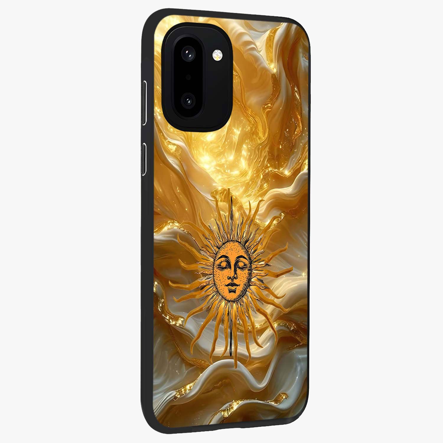 Eternal Golden Glow Glass Case for 1+15R side perspective highlighting rich glow detailing and premium edges