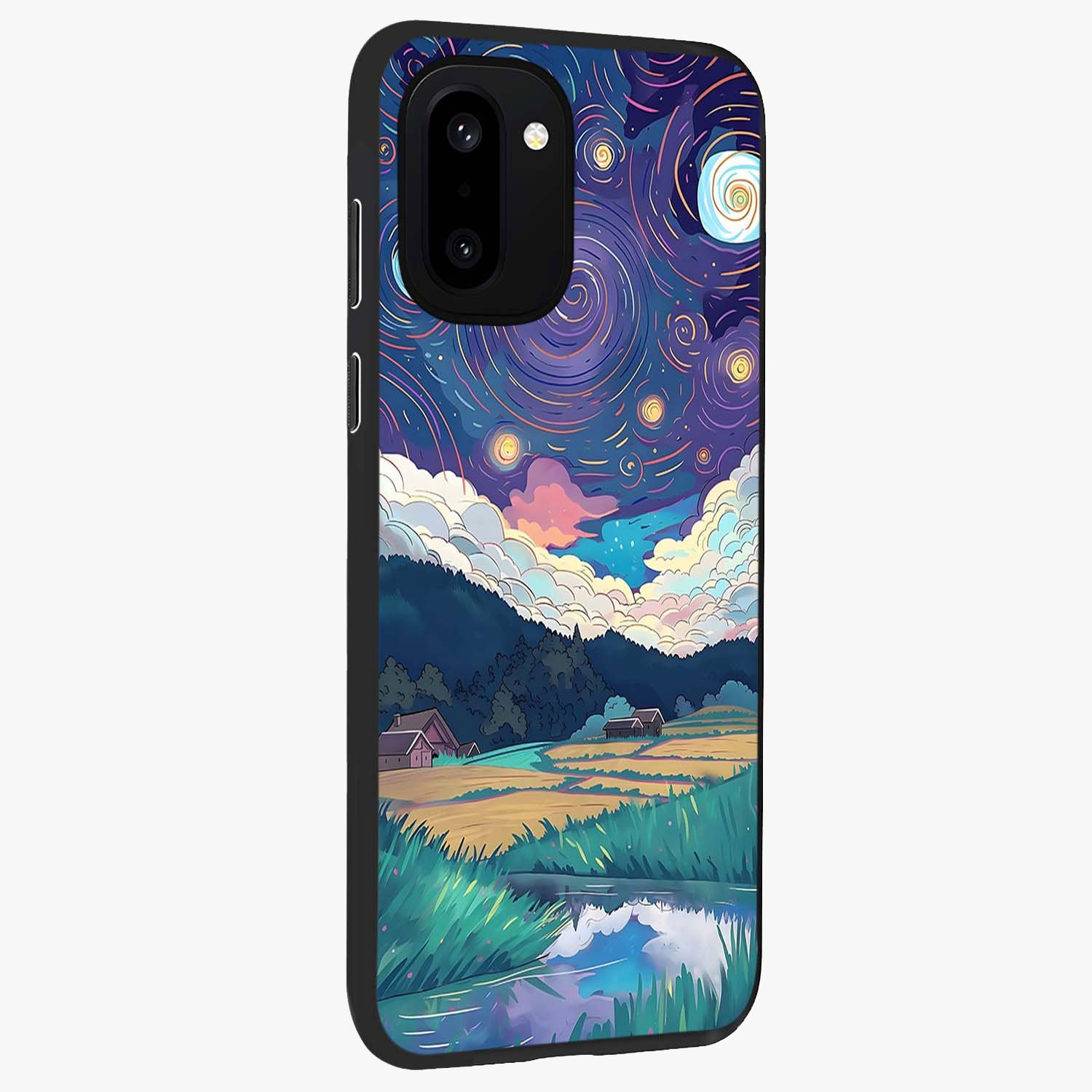 Fields Beneath the Cosmos Glass Case for 1+15R side perspective highlighting serene landscape textures and premium edges