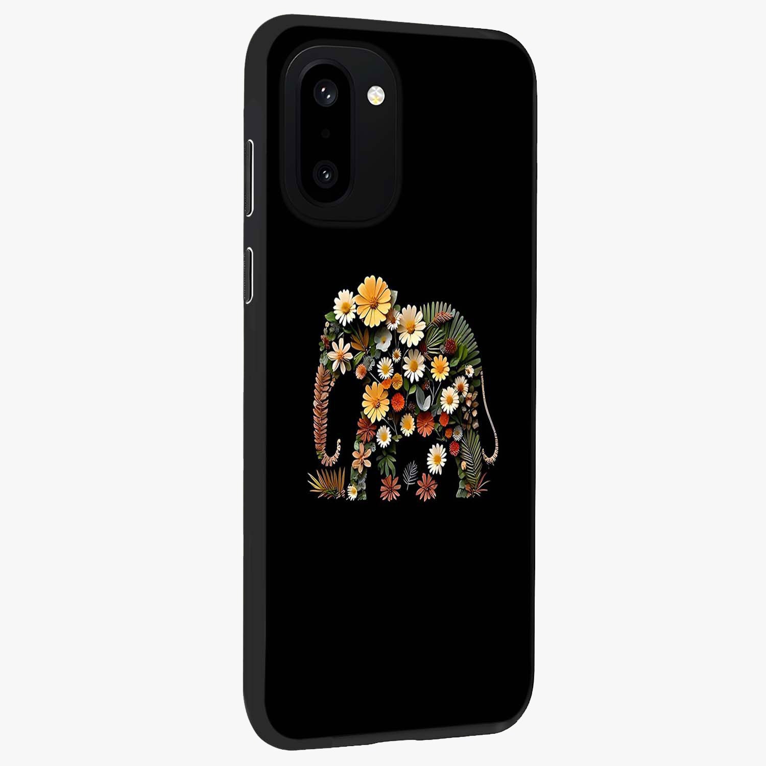 Floral Elephant Glass Case for 1+15R side perspective highlighting intricate artwork and smooth premium build