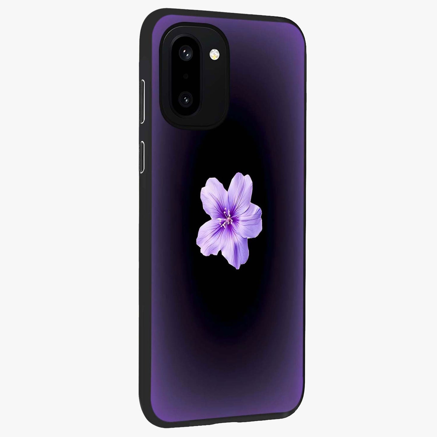 Flower on Soft Violet Gradient Glass Case for 1+15R side perspective highlighting delicate bloom detailing and smooth edges