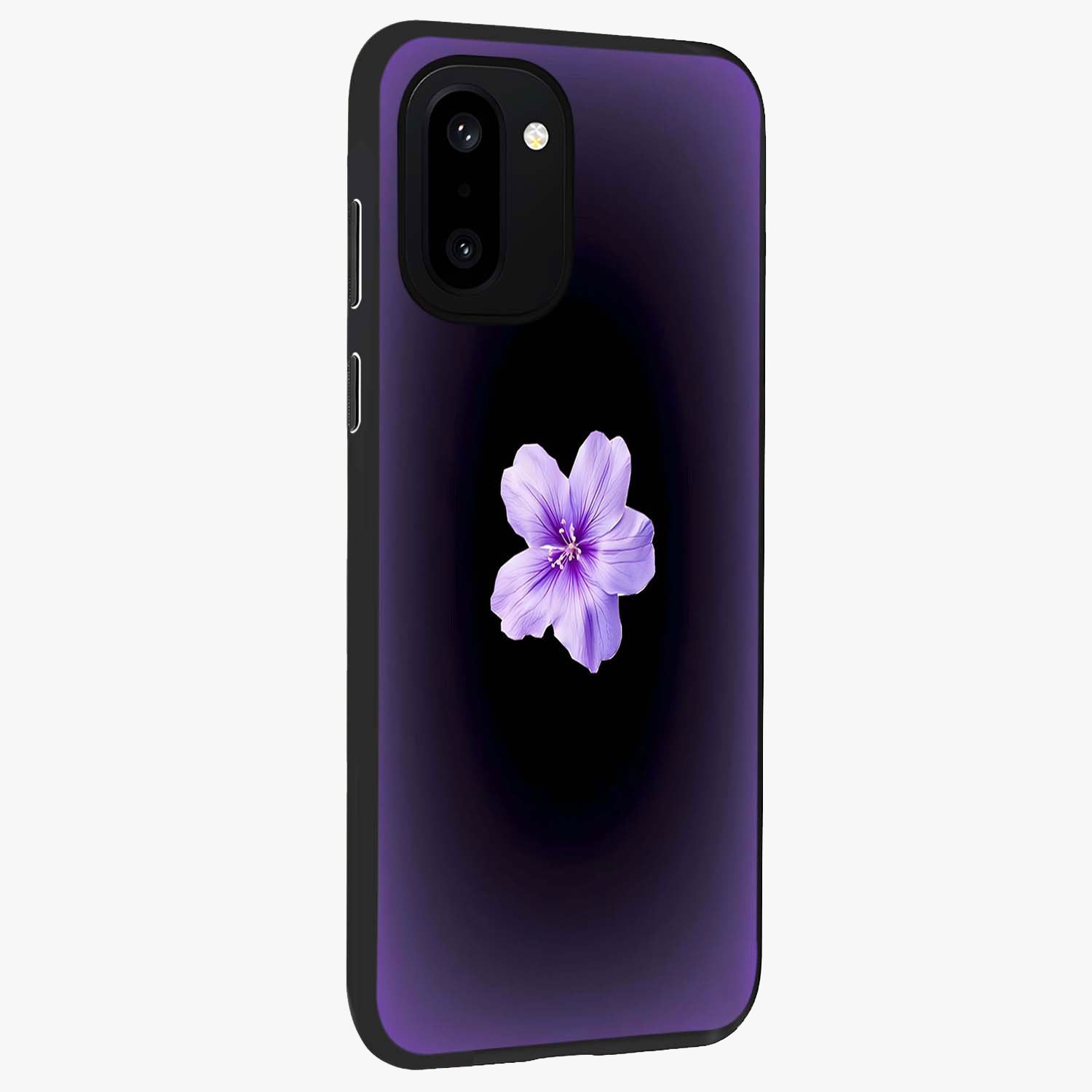 Flower on Soft Violet Gradient Glass Case for 1+15R side perspective highlighting delicate bloom detailing and smooth edges