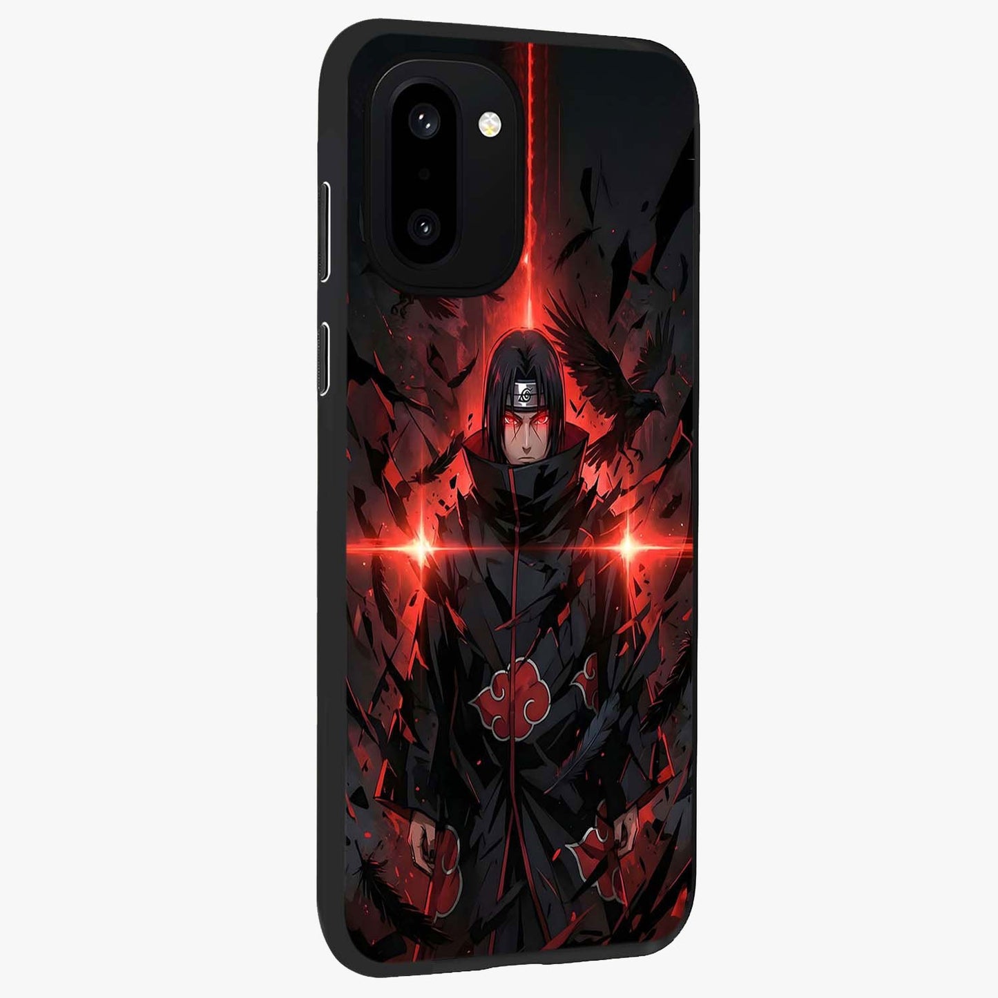 Focused Blade Discipline Glass Case for 1+15R side perspective highlighting sleek weapon inspired textures and premium edges