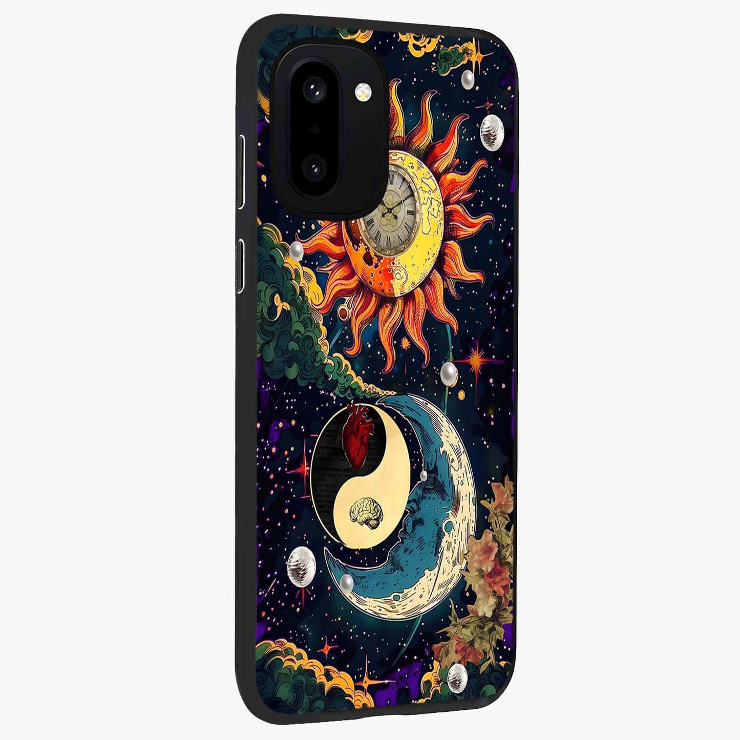 Future Universe Glass Case for 1+15R side perspective highlighting dynamic galaxy textures and premium edges